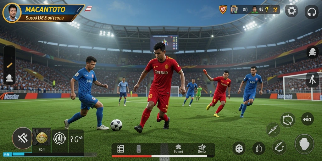 Screenshot gameplay yang menunjukkan aksi seru dalam permainan sepak bola.
