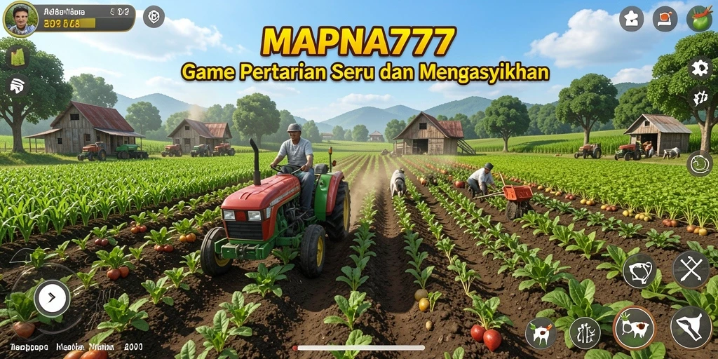 Screenshot gameplay MAPNA777 memperlihatkan kebun yang subur dan hewan ternak.